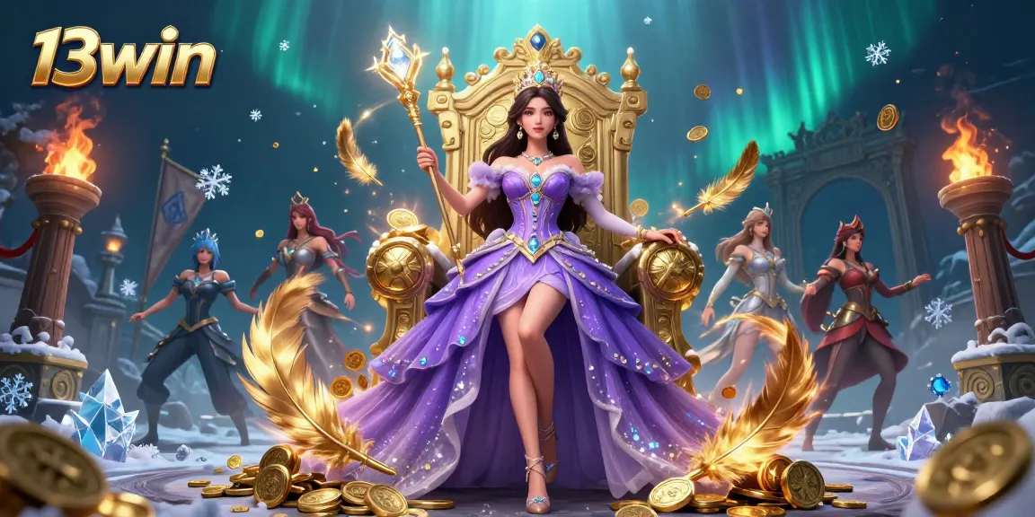 Experience thrill and excitement with 13win's immersive casino environment featuring a royal character amidst dynamic gambling elements.