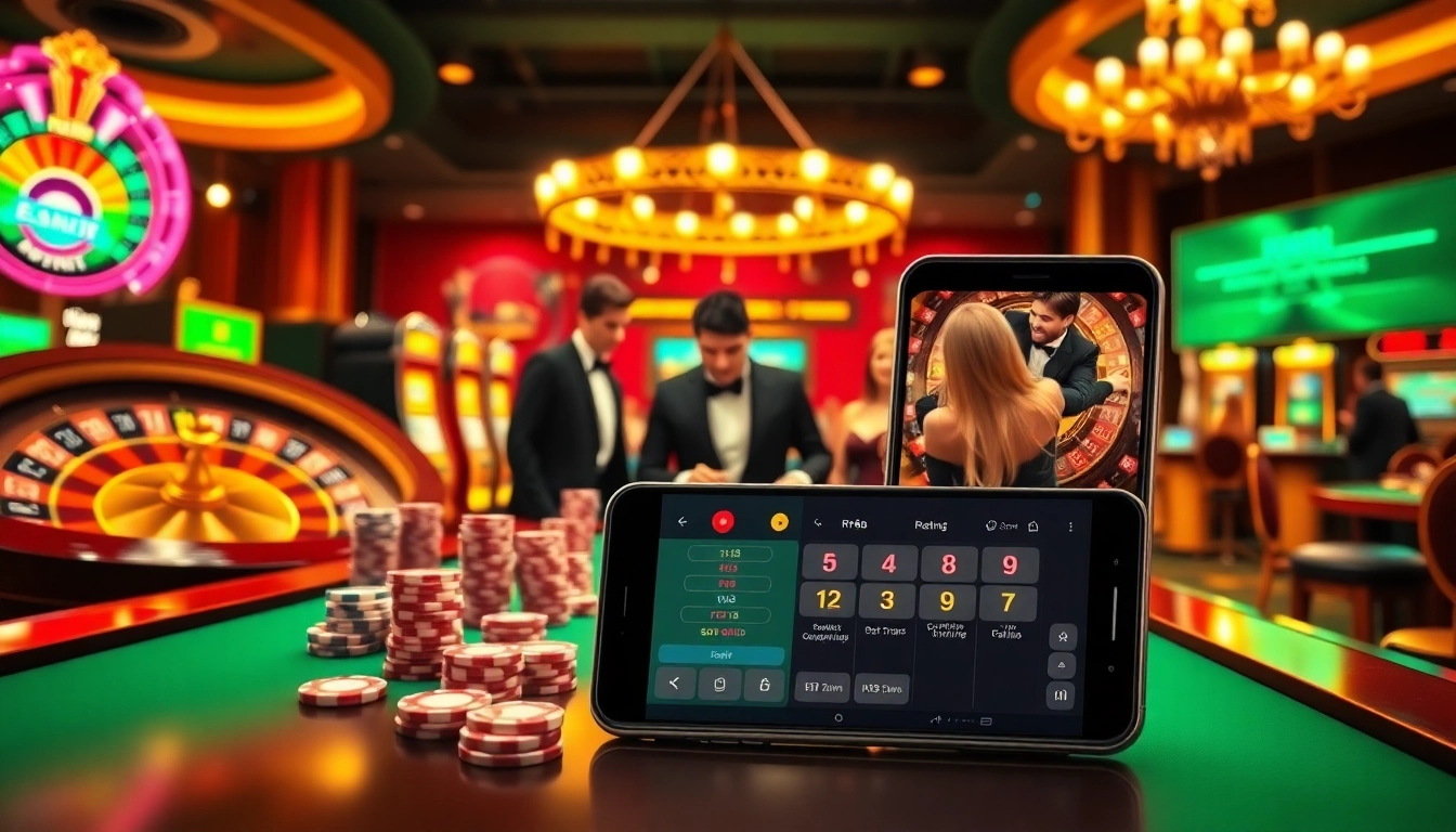 The rr88 app interface enhances engagement at a luxurious casino table, showcasing excitement and professional gambling.