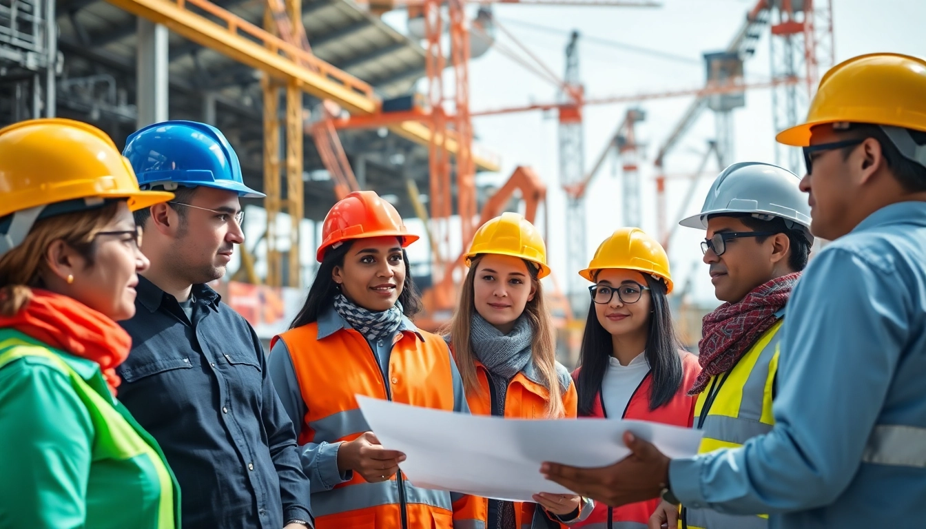 Construction advocacy team discussing plans on a construction site, showcasing collaboration and expertise.