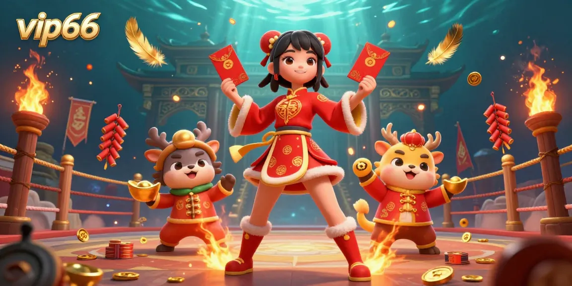 Win big with vip66 in this colorful Lunar New Year casino illustration featuring vibrant characters and golden decorations.