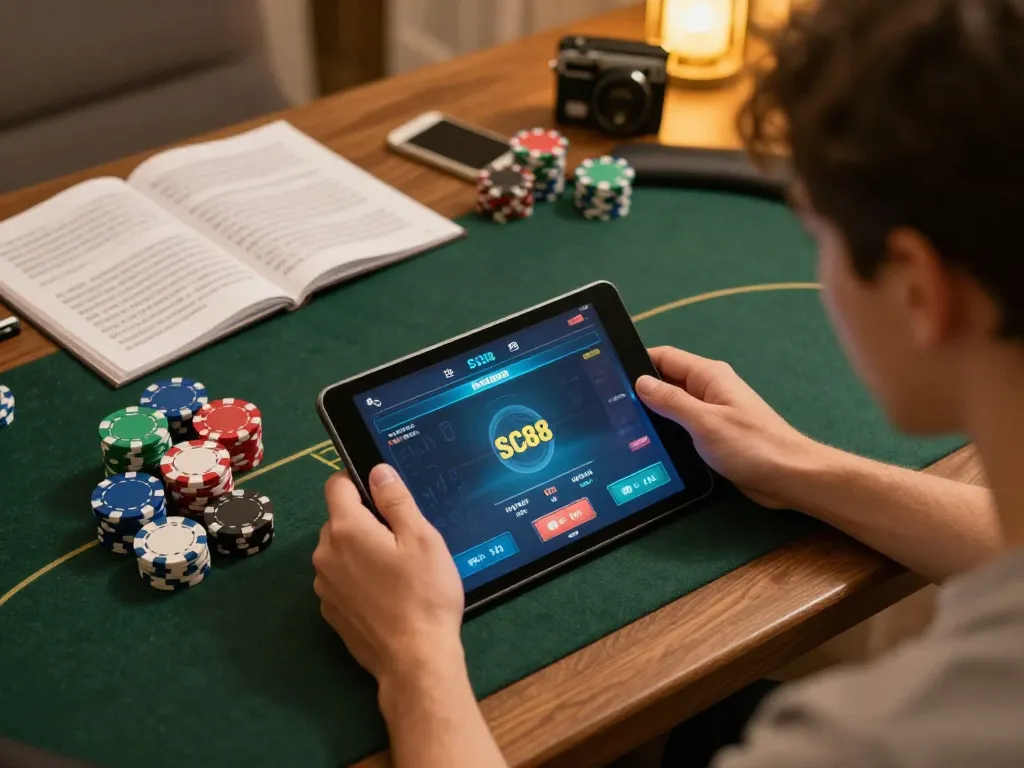 Playing poker on SC88 platform in a cozy home with vibrant chips and strategy notes.