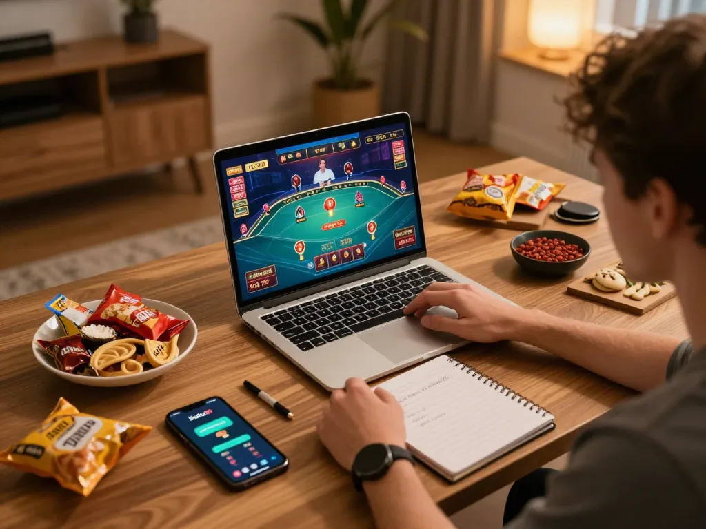 Nohu90 player enjoying online casino gaming with laptop and snacks in a cozy home setting.
