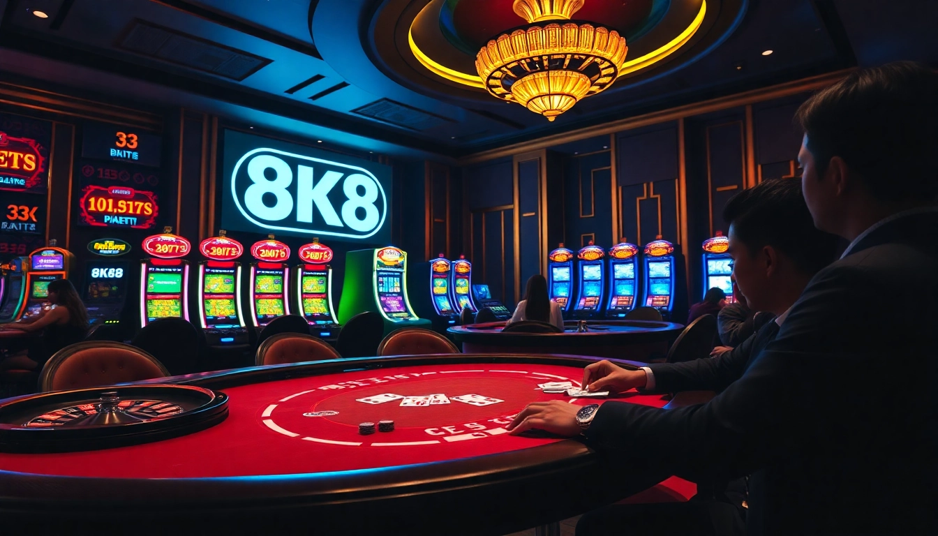 Experience the excitement of 8k8 with vibrant casino games, poker tables, and glowing slot machines.