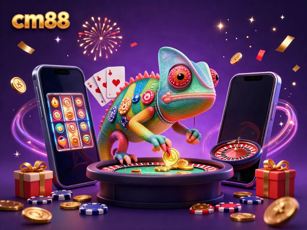 Experience thrilling games at cm88, where a chameleon casino owner watches over colorful slots and poker actions.