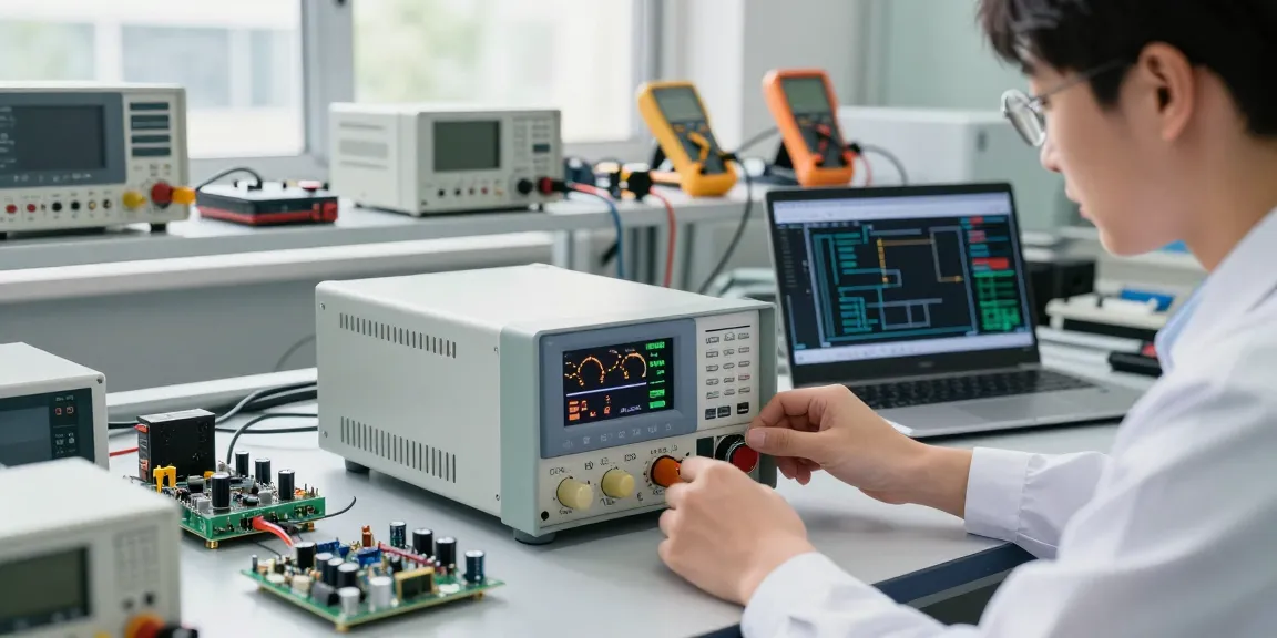 Testing a lab DC power supply for electronics in a professional environment with technical equipment.