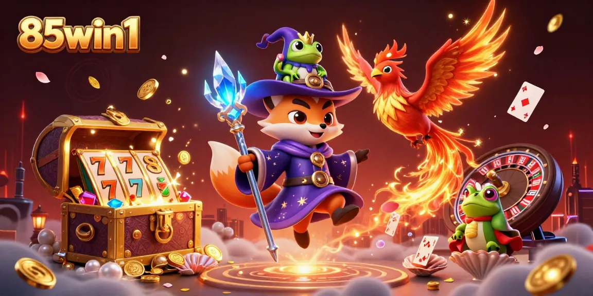 Dive into excitement with the 85win1 casino scene featuring a wizard fox and fiery phoenix amidst bursting treasure and slot reels.