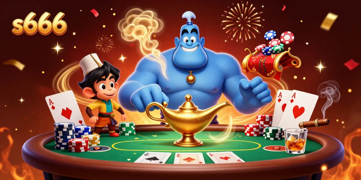 Experience the thrill of s666 casino with a vibrant scene of genies, poker chips, and magic.