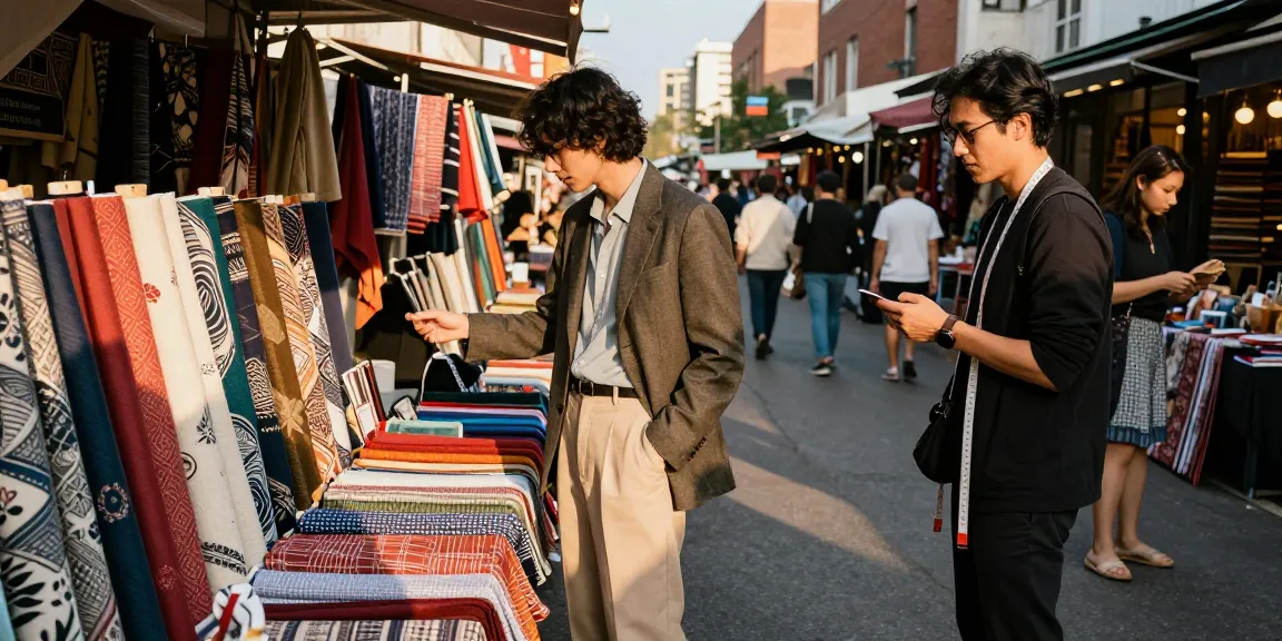 Fashion fabric shopping scene with rokok88 fabrics in vibrant marketplace
