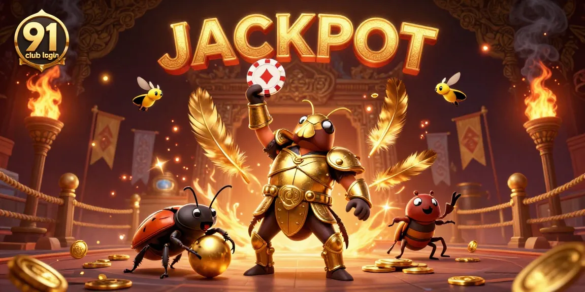 Experience the thrill of 91 club login with a beetle in golden armor lifting a poker chip, bringing casino excitement alive!