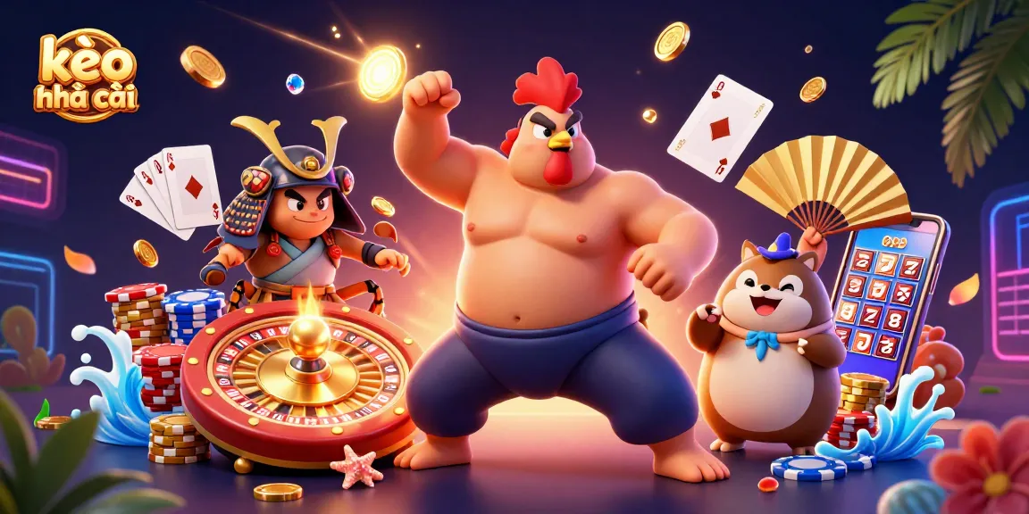 Engage with kèo nhà cái in this vibrant 3D scene featuring colorful characters and dynamic casino elements.