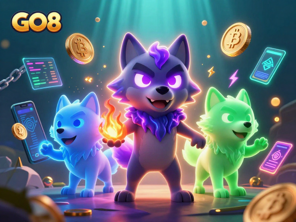Experience the thrill of GO8 with ghostly wolves, crypto elements, and dazzling casino imagery.