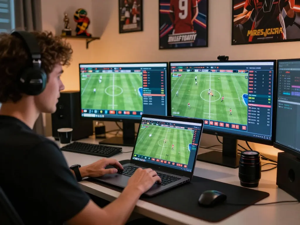 Tỷ lệ bóng đá kèo nhà cái displayed on a laptop as a sports betting enthusiast engages in online wagering