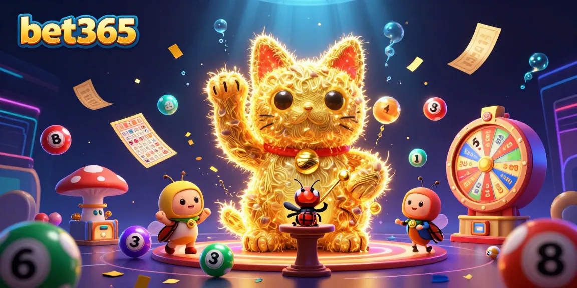 Immerse in exciting bet365 gaming with a lucky cat and vibrant lottery elements.