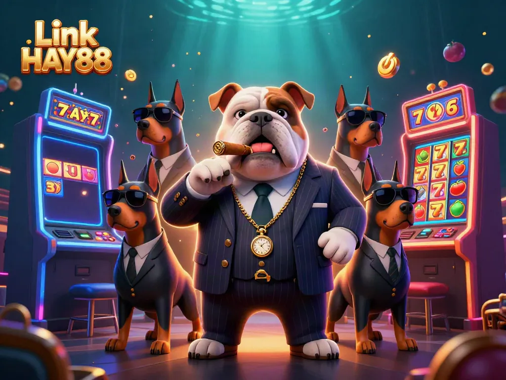 Experience the excitement of Link HAY88 with a mafia-style casino scene bursting with slot game elements.