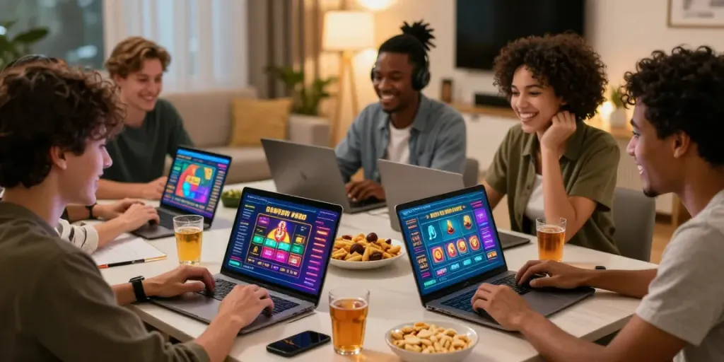 Friends enjoying live gaming at home with Gem88, showcasing excitement and connection.