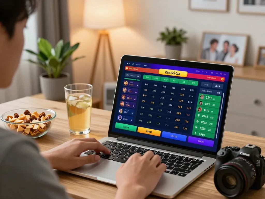 Kèo Nhà Cái betting scenario showcasing online gaming excitement in a cozy home environment.