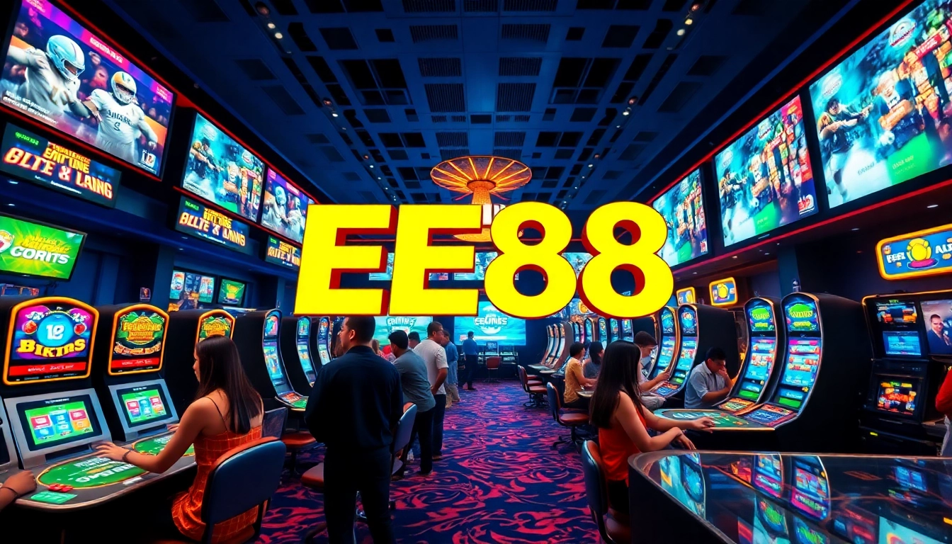 EE88 vibrant digital casino scene with players enjoying games and sports betting.