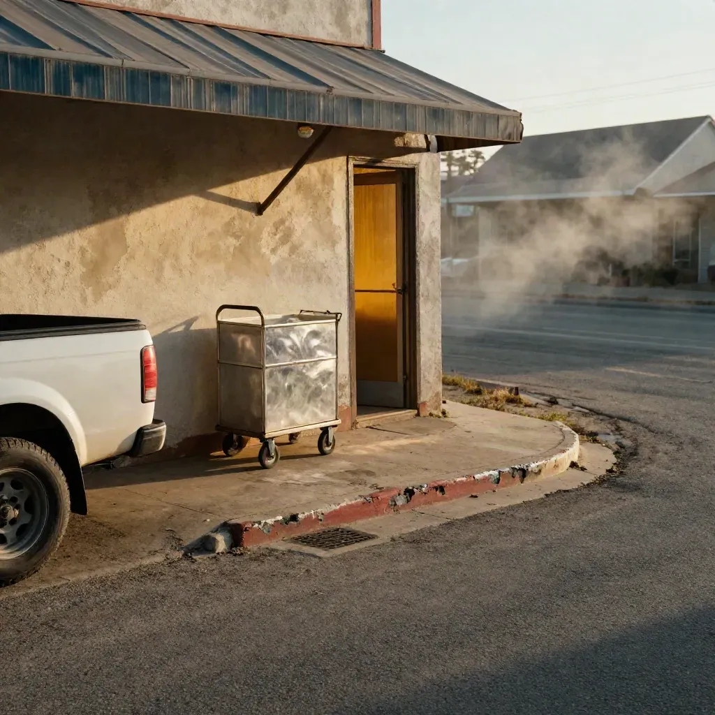 Border-town service road with café awning, parked truck, and luggage cart in late-afternoon haze.