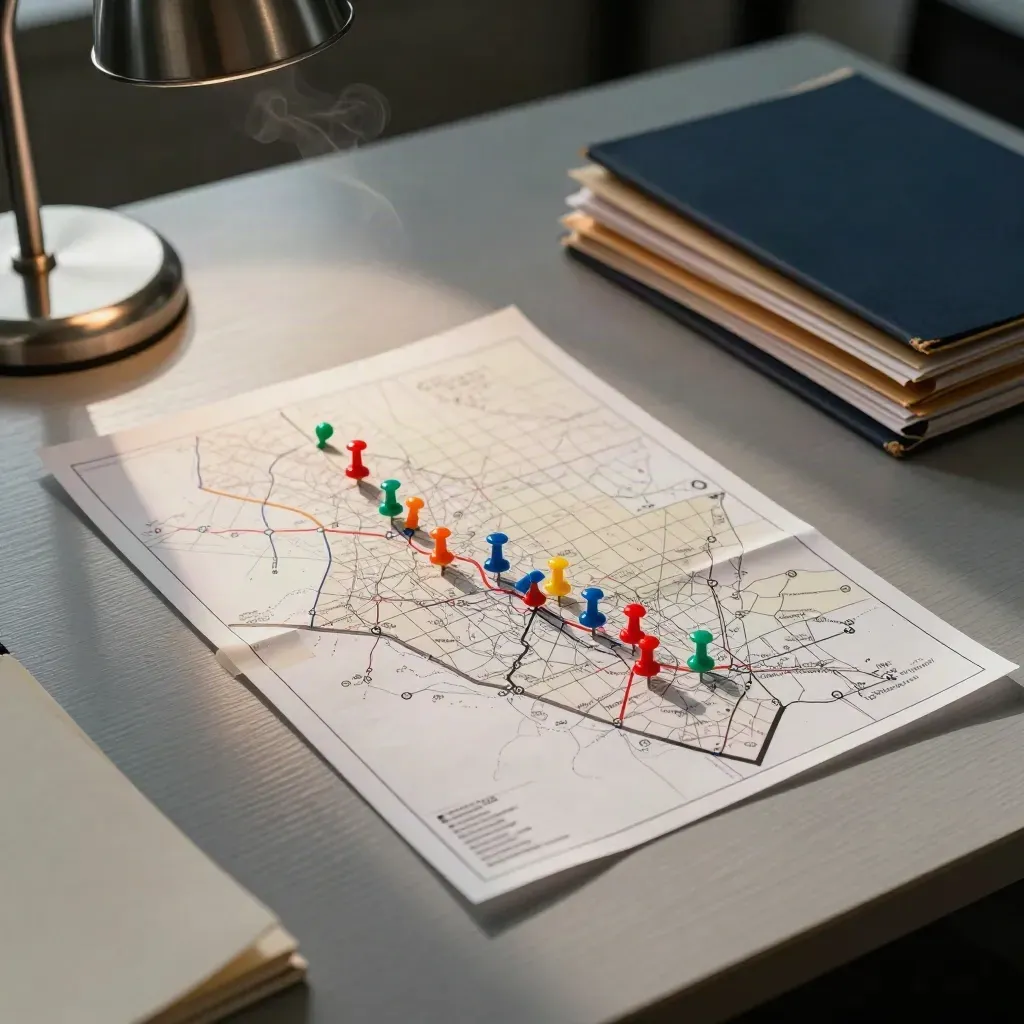 Top-down newsroom election desk with map sheets, pins, folders, lamp shadow, and coffee steam.