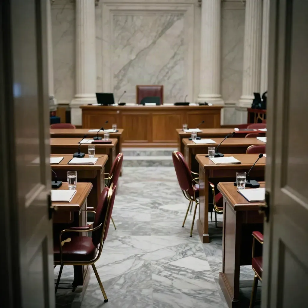 Empty Capitol Hill hearing room after a vote, microphones and folders askew under cool marble light.