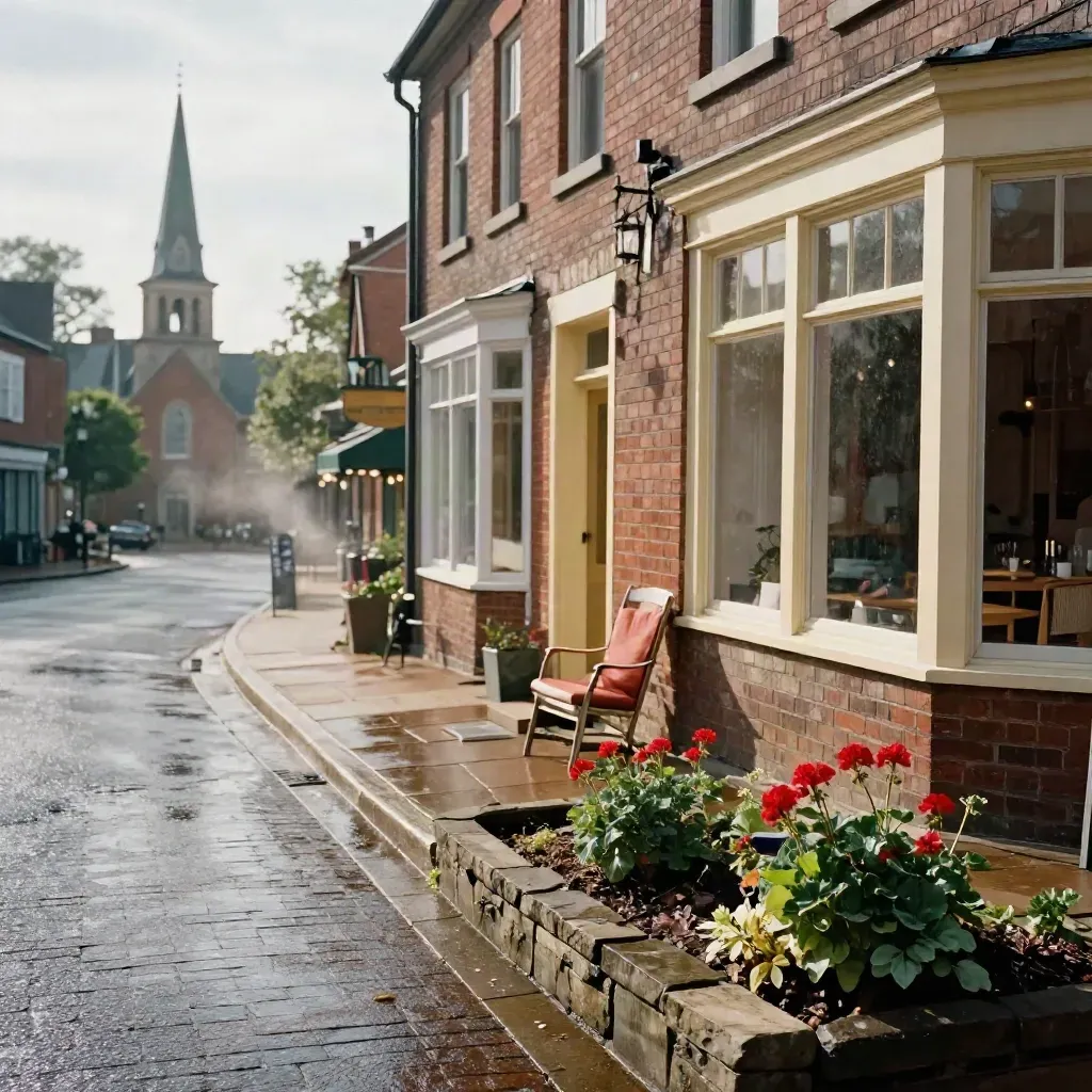 Wet small-town main street with brick storefronts, porch chairs, a steeple, and steam rising