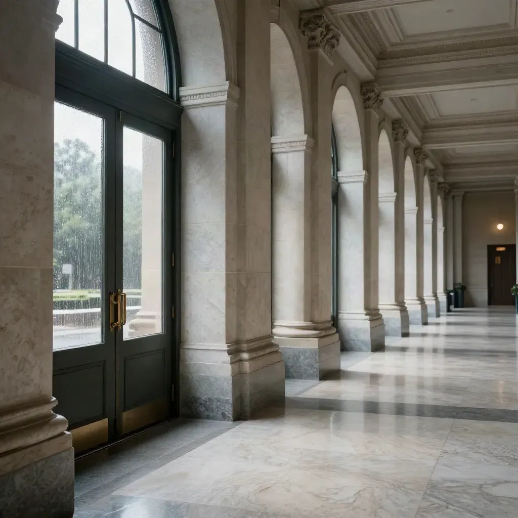 Rain-lit statehouse corridor with stone columns and a glowing window wall