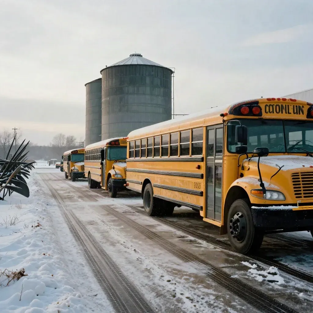 Snowy school-bus lot with silos and plow blades in a Midwest storm