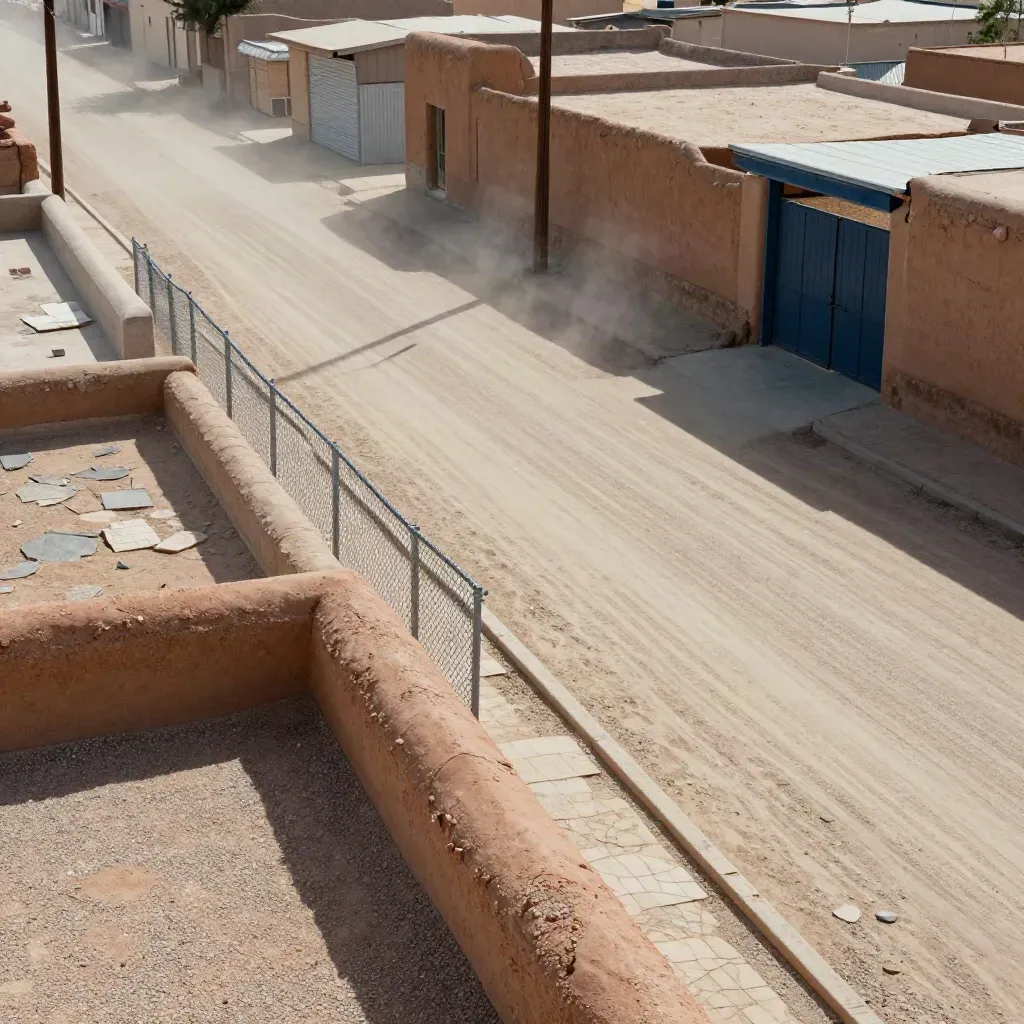 High rooftop view of adobe walls, chain-link fence, and a dusty border-town service road.