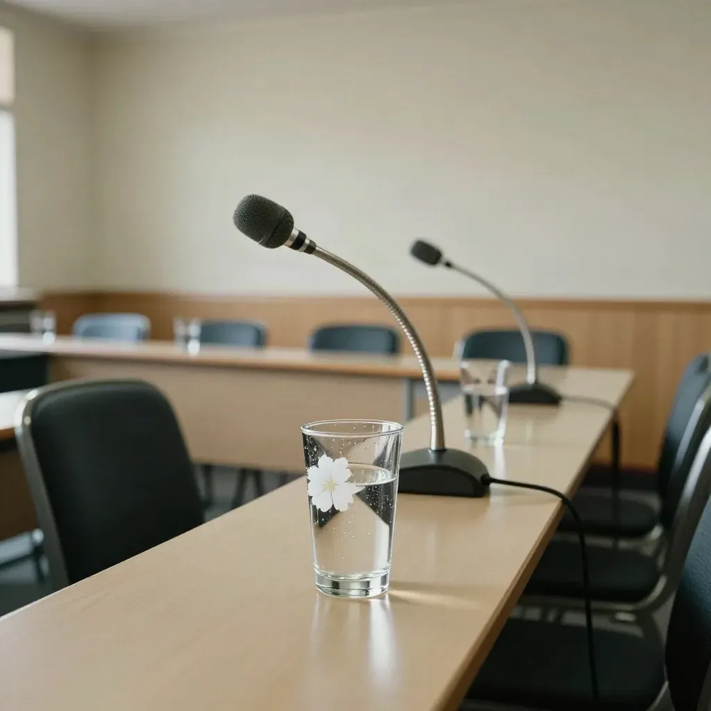 Empty committee room with stacked chairs, microphones, and water glasses in soft daylight.