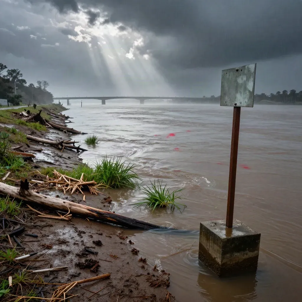 Floodwater surges along a Southern riverbank toward a bridge in rain mist.