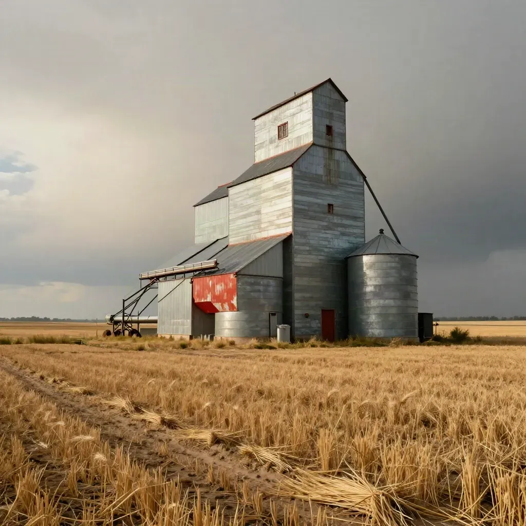Grain elevator and bins beside a stubbled field under a clearing storm edge.