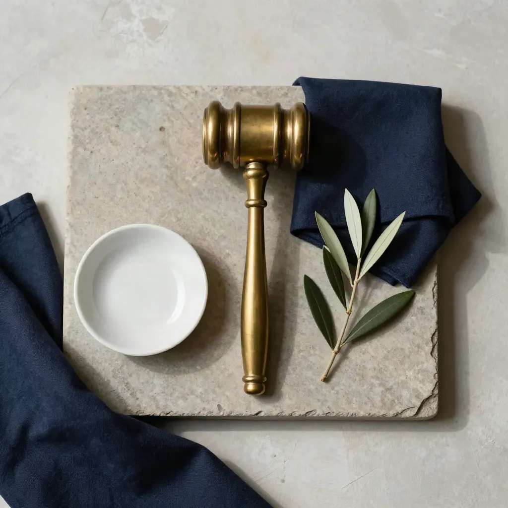 Brass gavel with cloth, ceramic dish, and olive sprig on a stone tray
