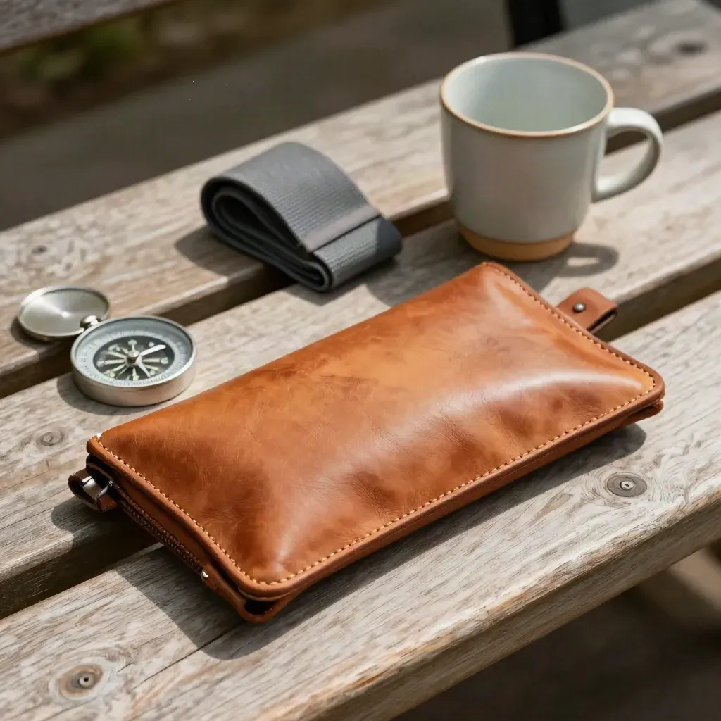 Leather pouch, compass, strap and cup on a pale wood bench in soft morning light.