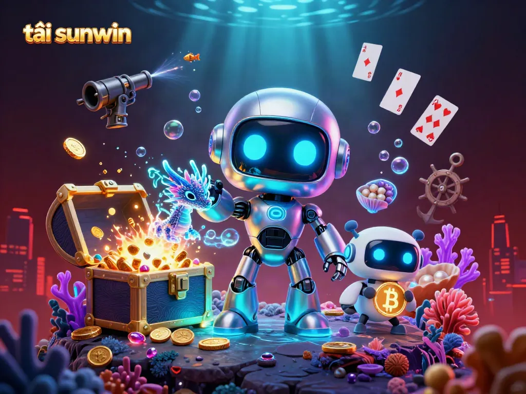 Engage with the vibrant world of tải sunwin through an adventurous 3D illustration of gaming characters and casino treasures.