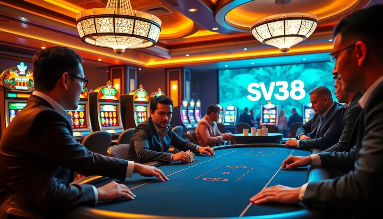 SV368 poker table with intense players enjoying a high-stakes game in a vibrant casino.