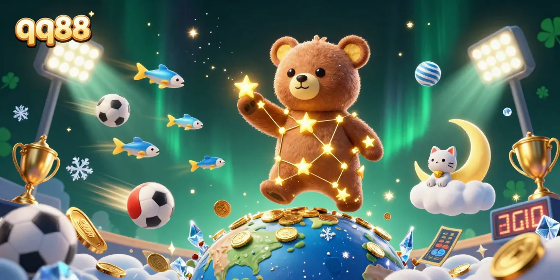 Experience thrilling wins at qq88 with a constellation bear and sports elements in vibrant 3D art.