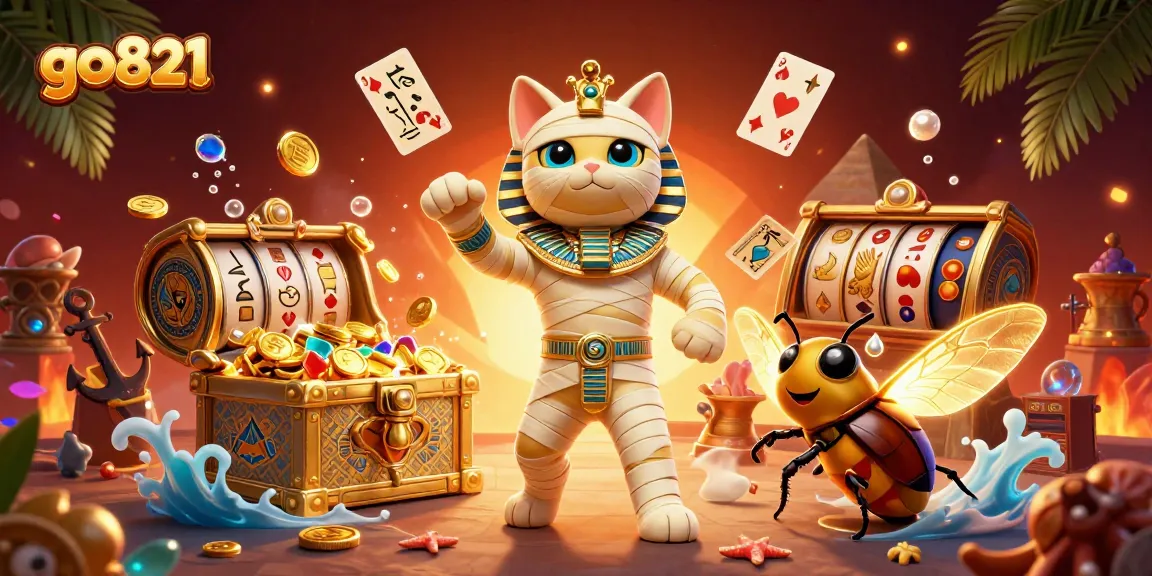Spin the reels of fortune with go821, an Egyptian mummy cat and scarab beetle bringing luck!