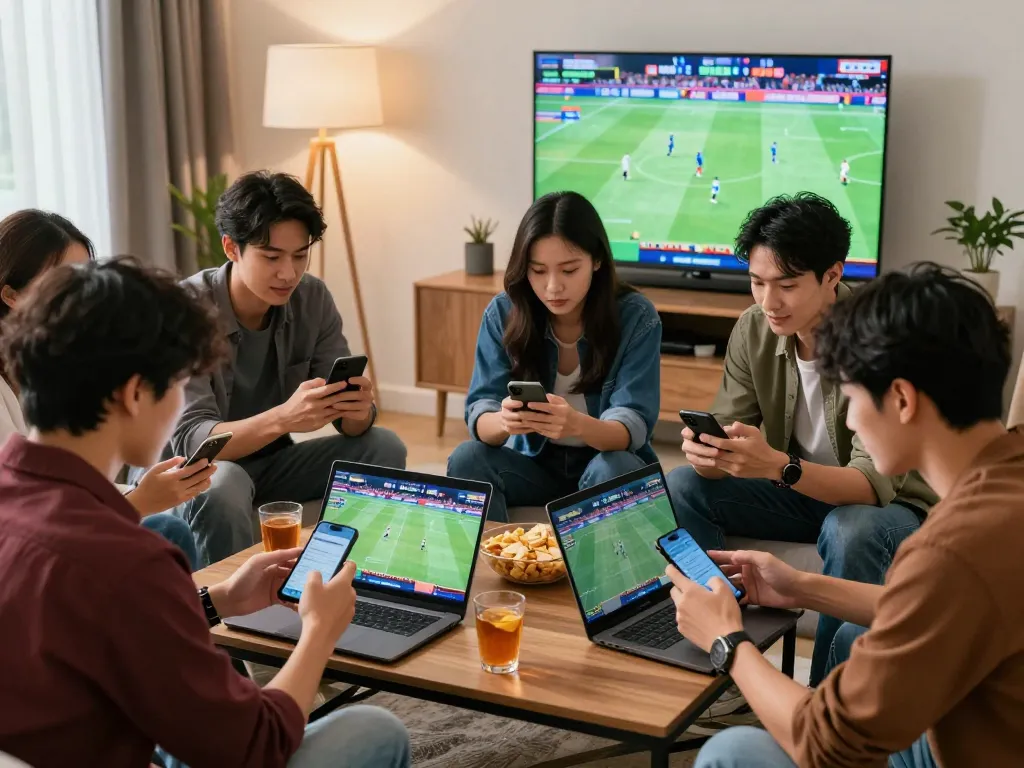 Kèo nhà cái active scene showing friends engaging in sports betting using smartphones in a lively living room.