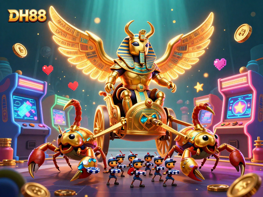 Experience thrilling gaming adventures with DH88's vibrant 3D illustration showcasing a golden scarab and casino elements.
