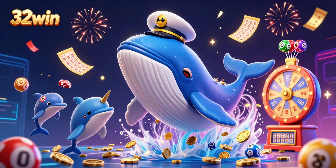 Engage with 32win as a vibrant 3D scene showcases a whale, narwhal, and dolphins amidst casino elements.