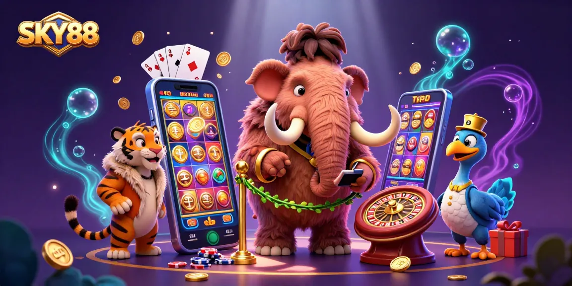 Experience thrilling gaming at SKY88 with vibrant characters and casino elements.