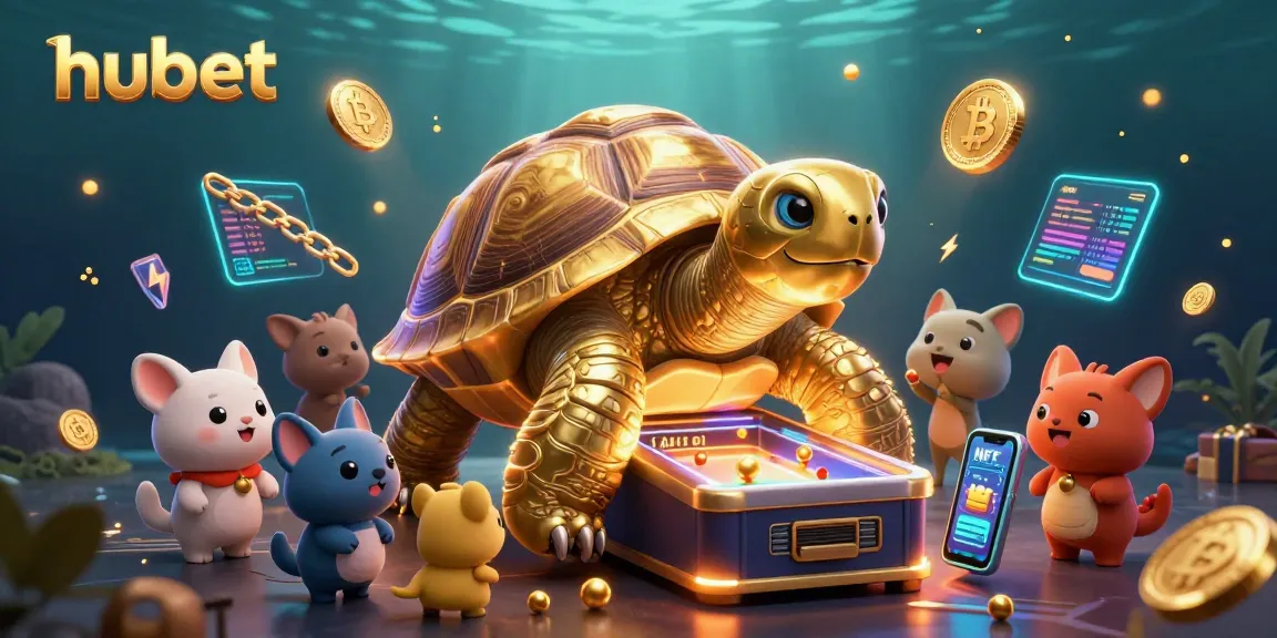 Spin the reels at hubet's fun-filled casino adventure featuring golden tortoise and crypto coins.