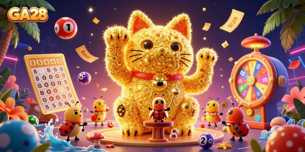 Engage with GA28's vibrant casino atmosphere featuring a golden lucky cat and colorful bingo elements.
