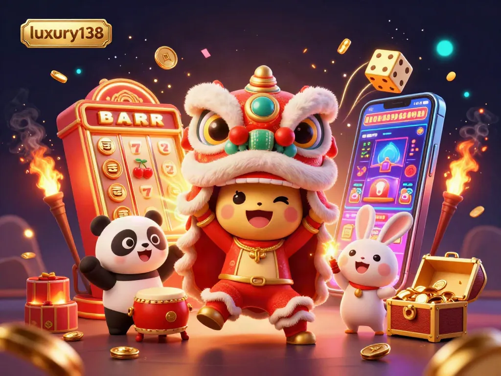 Experience the excitement with luxury138 in an explosive 3D casino scene featuring animated characters and vibrant slot symbols.