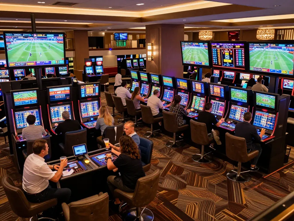 Engaging scene of sports enthusiasts analyzing keo nha cai in a lively casino lounge
