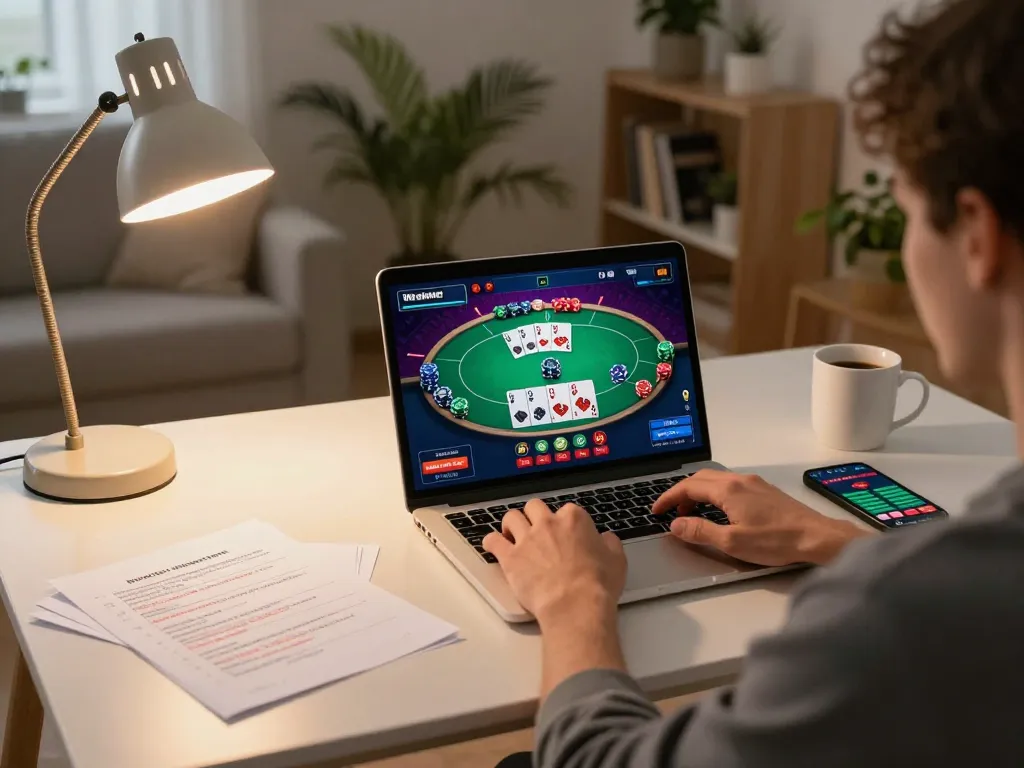 Player engaging in online poker game via laptop at home with vuabet88i interface visible, showcasing responsible gaming.