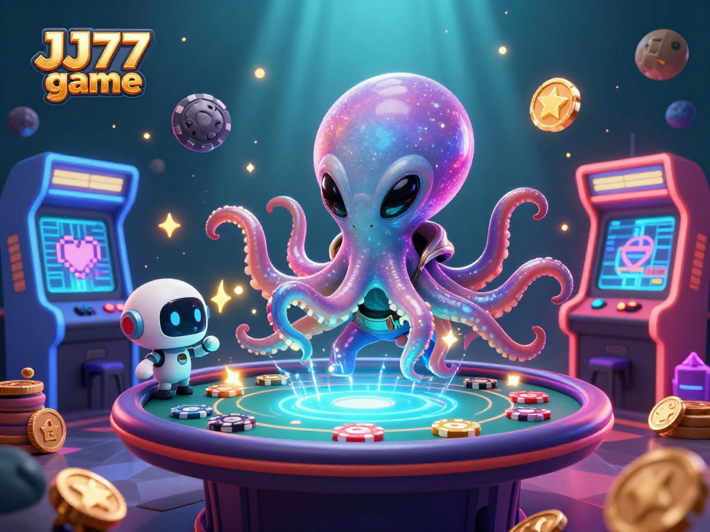 Engage with the JJ77 game as a cartoon octopus deals cards at a virtual poker table, surrounded by vibrant gaming elements.