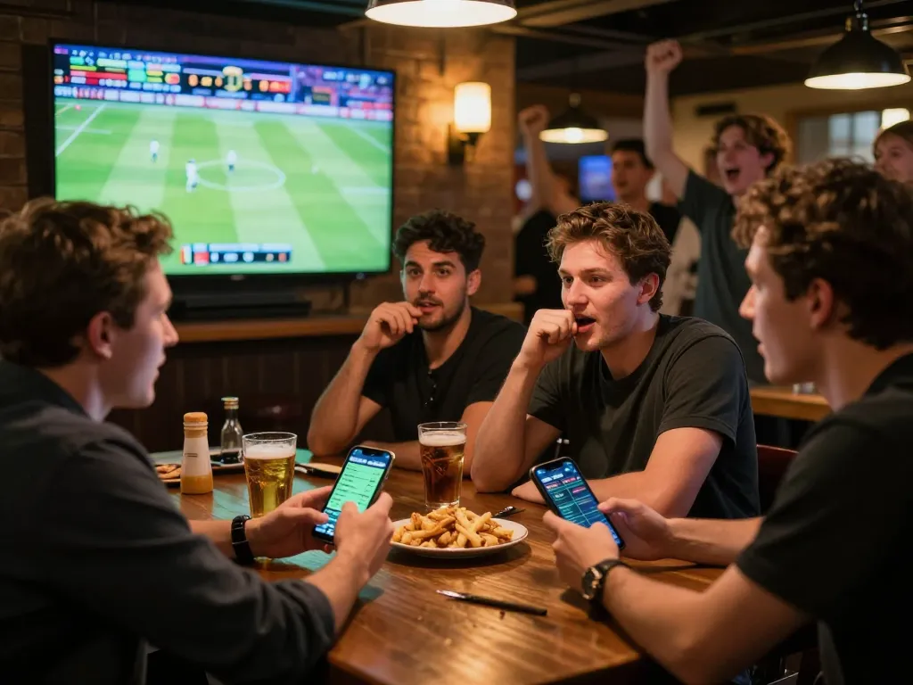 Sports enthusiasts engaging in soi keo nha cai during live match at a vibrant pub.