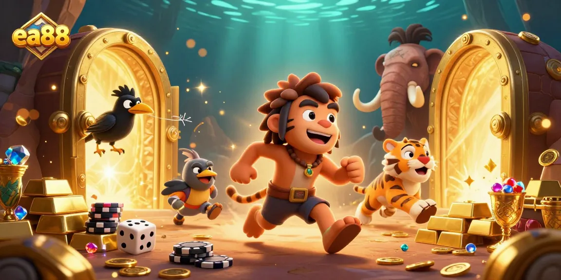 ea88 prehistoric casino illustration featuring a caveman, sabertooth tiger, and crow in a dynamic setting.