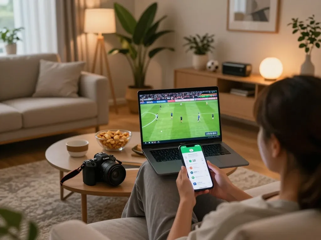 Watch football live on laptop while enjoying a cozy atmosphere with snacks, focusing on xem bóng đá trực tiếp in comfort.